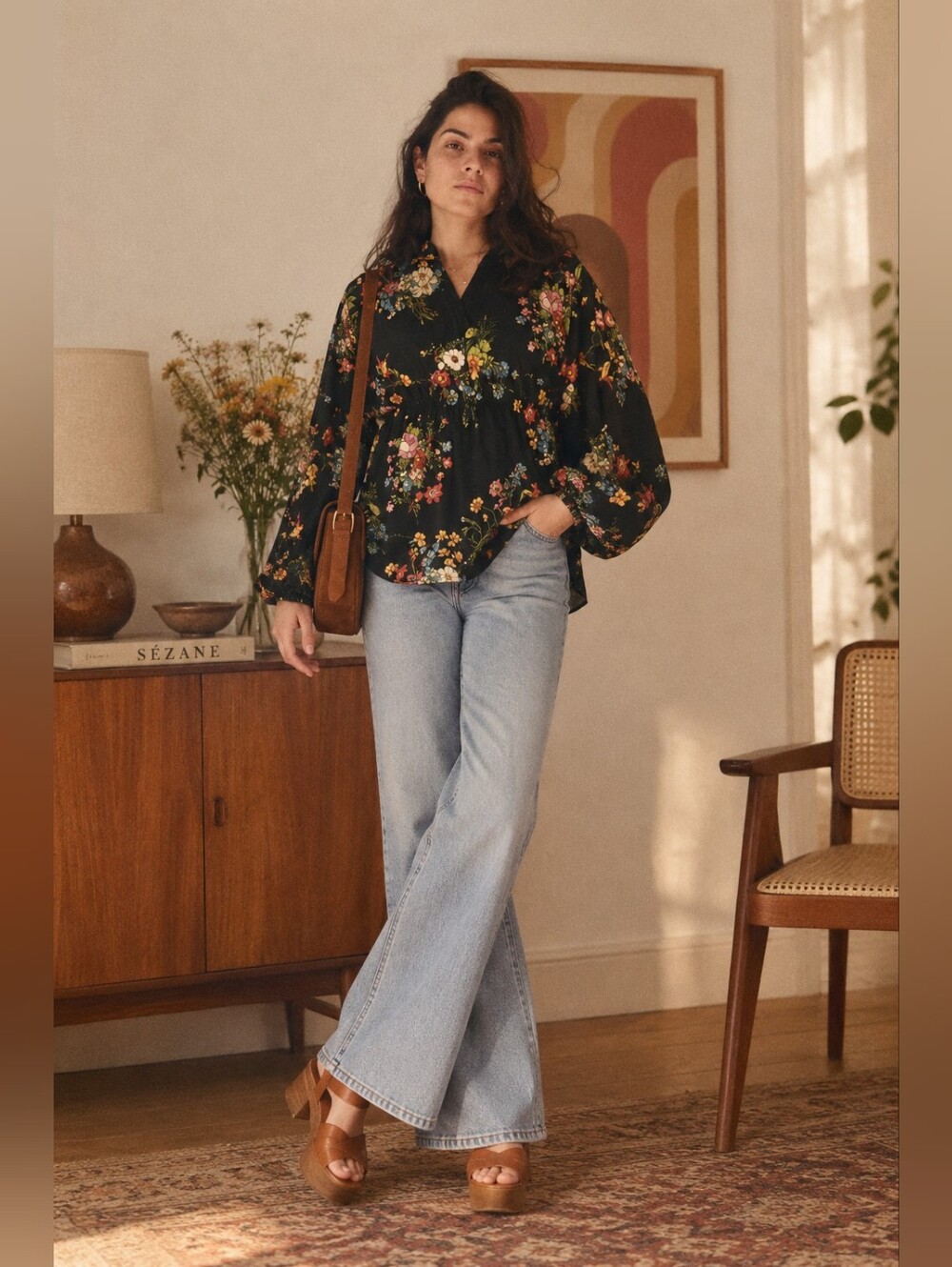 Vintage 70s Leisure Lady Floral Blouse Black V-Neck Long Sleeve
